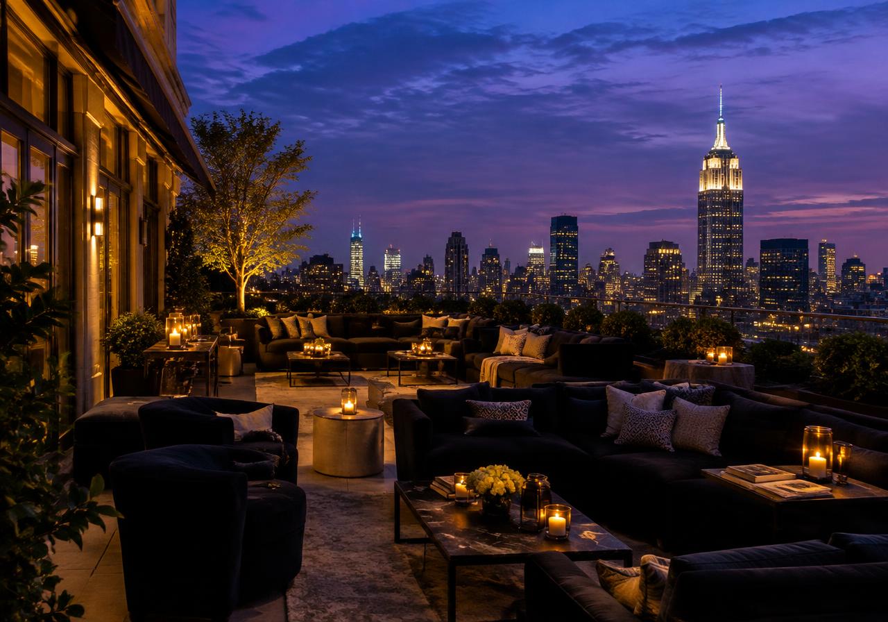 Candlelit penthouse terrace overlooking Manhattan
